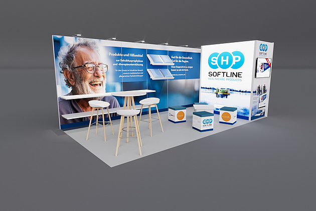 Eckstand 6,00 x 3,00 x 2,50m mit Leuchtgrafik an der Kabine.