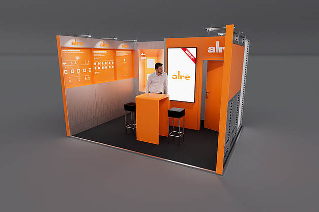 Reihenstand 4,00 x 3,00 x 2,50. Individueller Messestand mit spezieller Wandfüllung. Acryl und gebürsteten Aluminium.