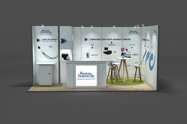 Individueller Messestand 5,00 x 3,00 x 2,50m. Boston Scientific - IROS Salzburg 2024.